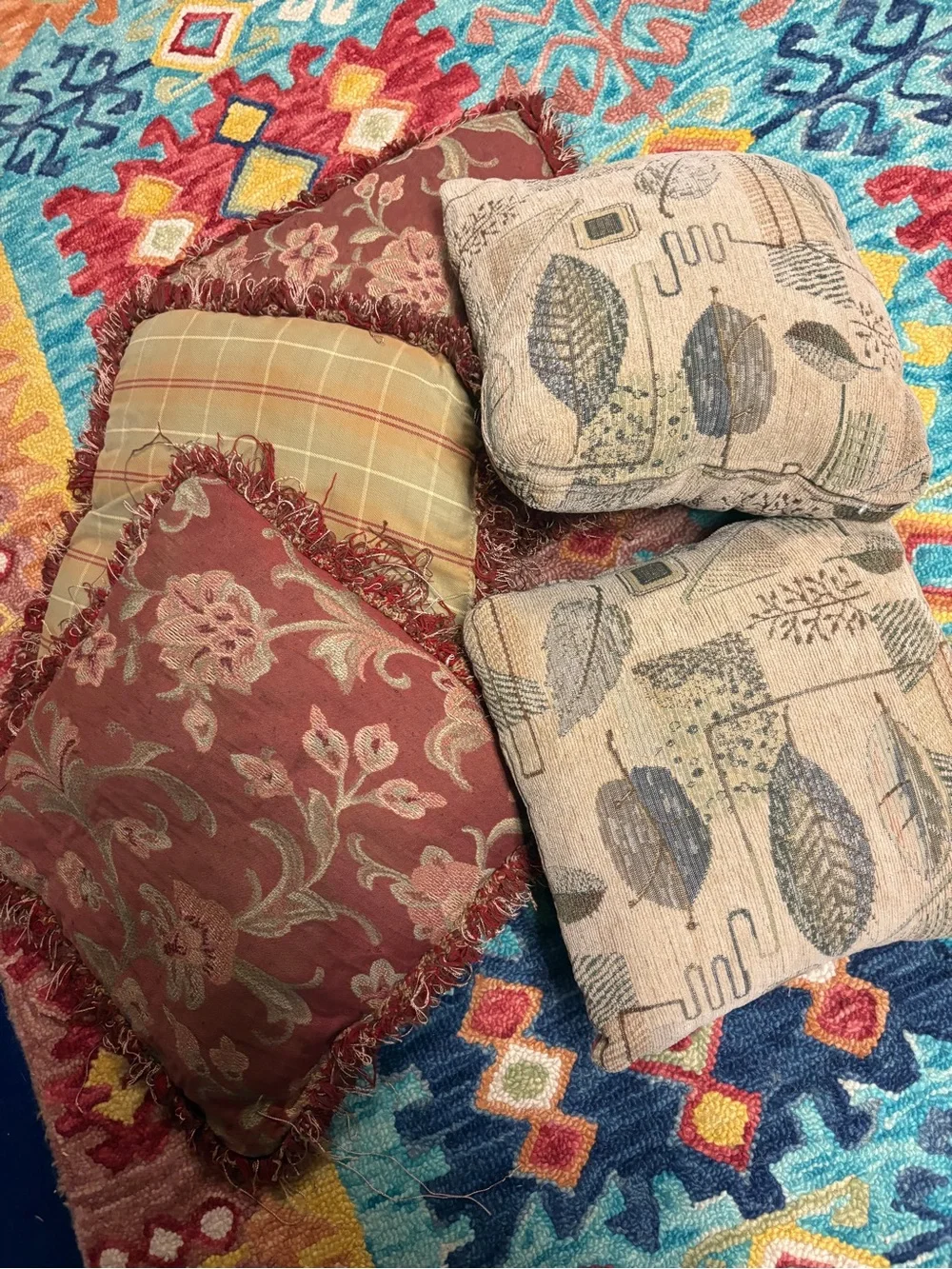 Decorative Throw Pillow Set in Rust, Plaid, Natural Leaf Prints bundle lot